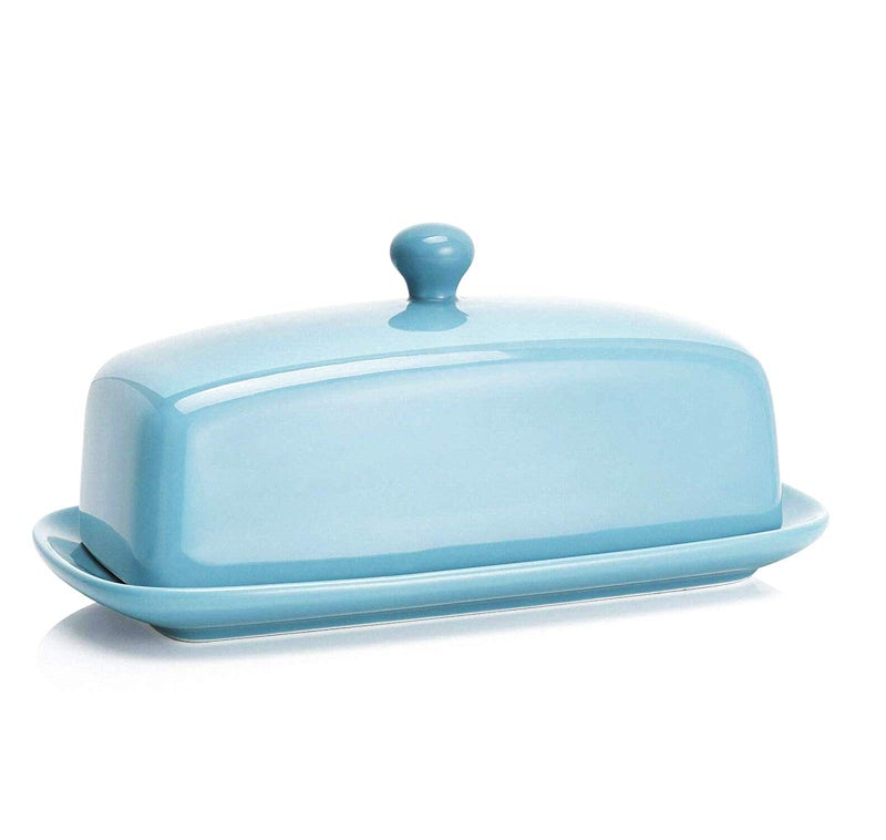Sweese Butter Dish with Lid, Porcelain Butter Keeper, 7.8 Inch Butter Holder with Handle Cover, Butter Container Perfect for East West Coast Butter, Turquoise - Image 1